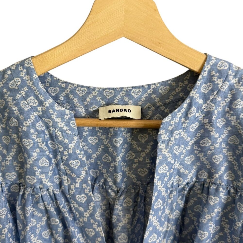 Sandro Million Linen Silk Tiered Belted Floral Crepe‎ Mini Shirt Dress Blue 6 - Picture 4 of 8